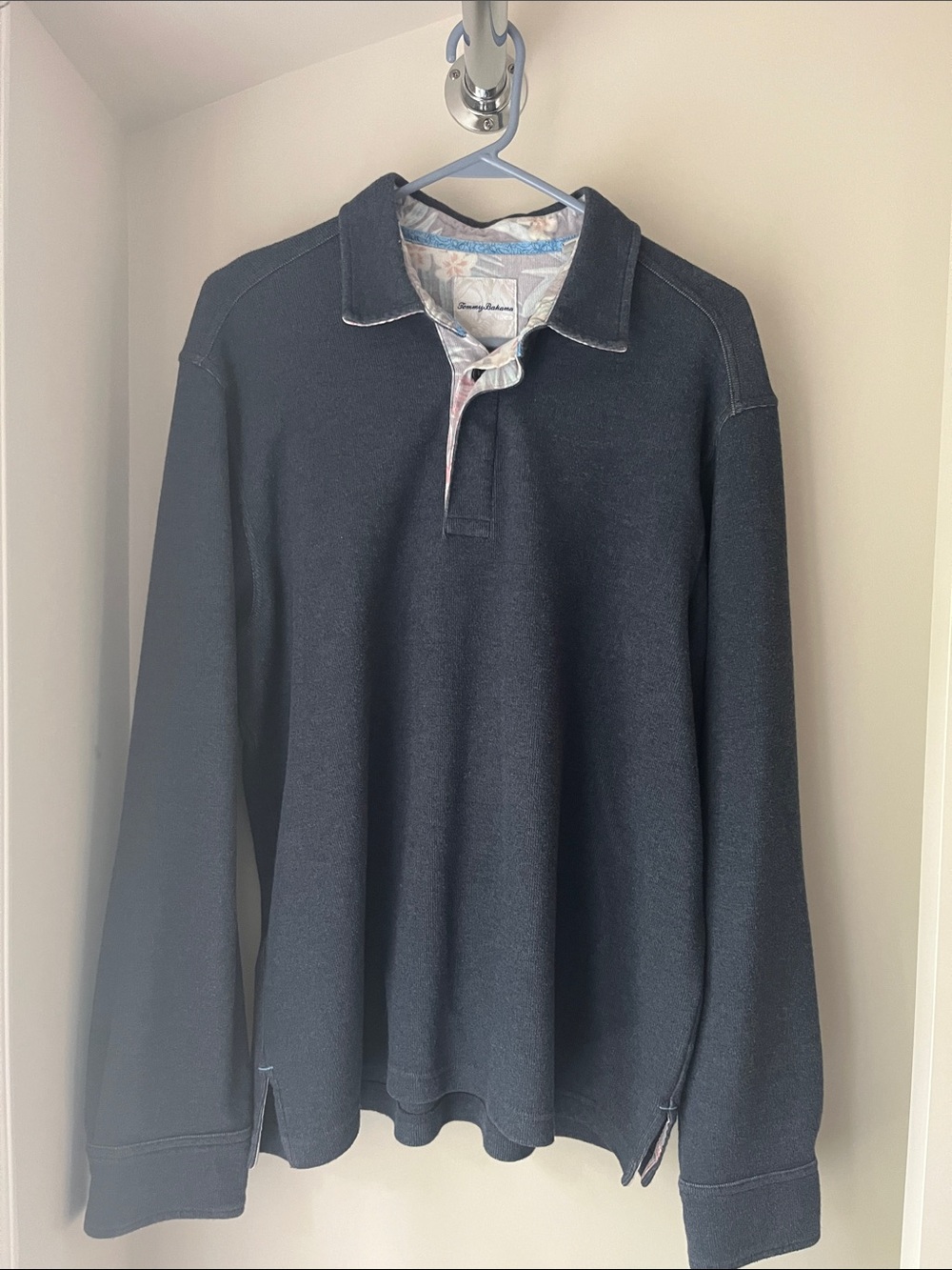 Tommy Bahama Navy Long Sleeve Polo with Printed Inner Placket